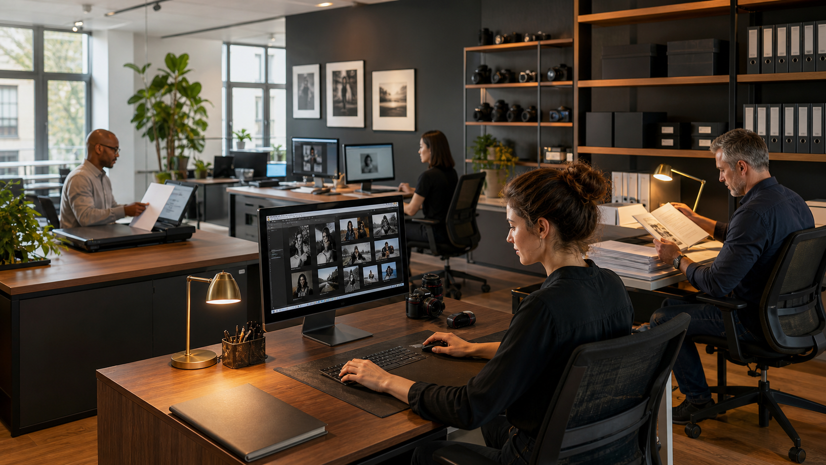 Équipe Publivoice dans le bureau de production et d'archivage